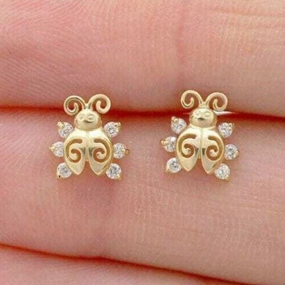 14k Solid Gold Round Cut White Zircon Ladybug Screw Back Stud Kid Earrings - Picture 4 of 7
